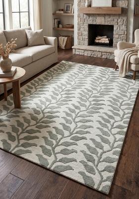 Saffron Rugs Hand Tufted Sage Green Leaf Contemporary Rectangular Wool Area Rug