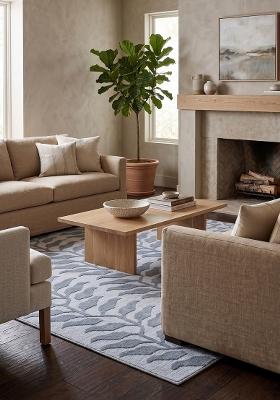 Saffron Rugs Hand Tufted Steel Blue Grey Leaf Contemporary Rectangular Wool Area Rug
