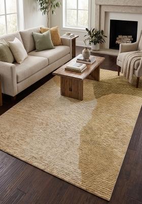 Saffron Rugs Hand Tufted Golden Tan Striped Contemporary Rectangular Wool Area Rug