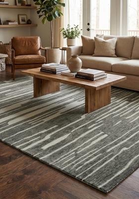 Saffron Rugs Hand Tufted Sage Green Striped Contemporary Rectangular Wool Area Rug