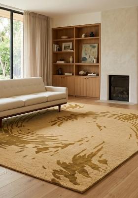 Saffron Rugs Hand Tufted Golden Tan Swirls Contemporary Rectangular Wool Area Rug
