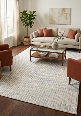 Saffron Rugs Hand Tufted Ivory Blue Geometric Contemporary Rectangular Wool Area Rug