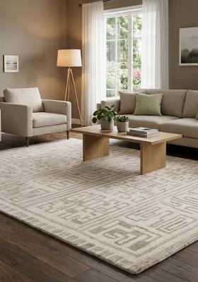 Saffron Rugs Hand Tufted Cream Beige Geometric Transitional Rectangular Wool Area Rug