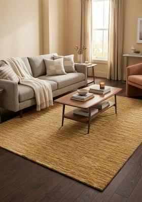 Saffron Rugs Hand Tufted Golden Tan Striped Contemporary Rectangular Wool Area Rug