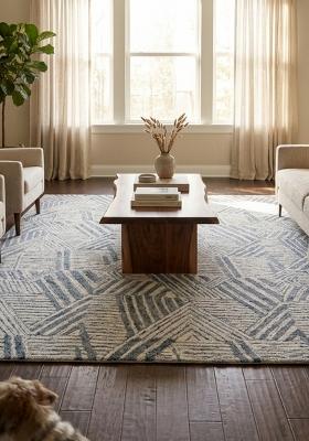 Saffron Rugs Hand Tufted Steel Blue Ivory Geometric Contemporary Rectangular Wool Area Rug
