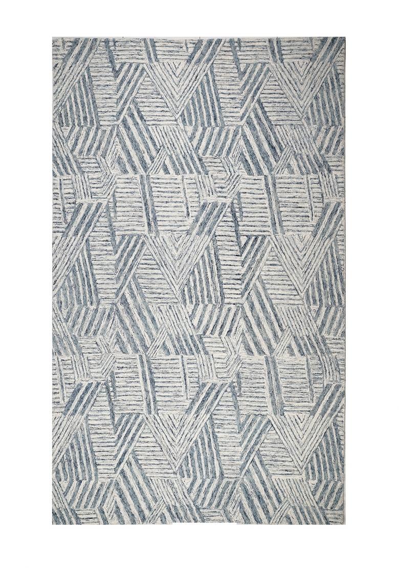 Saffron Rugs Hand Tufted Steel Blue Ivory Geometric Contemporary Rectangular Wool Area Rug - Indya