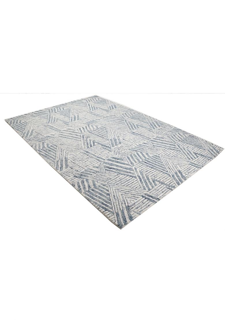 Saffron Rugs Hand Tufted Steel Blue Ivory Geometric Contemporary Rectangular Wool Area Rug - Indya