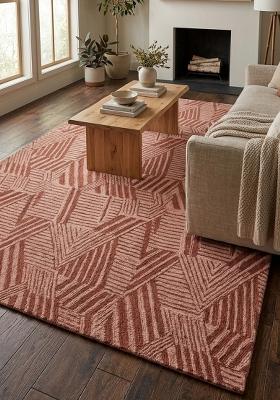 Saffron Rugs Hand Tufted Terracotta Pink Geometric Contemporary Rectangular Wool Area Rug