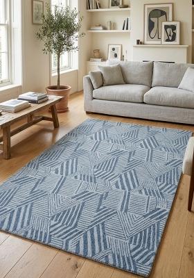 Saffron Rugs Hand Tufted Steel Blue Geometric Contemporary Rectangular Wool Area Rug