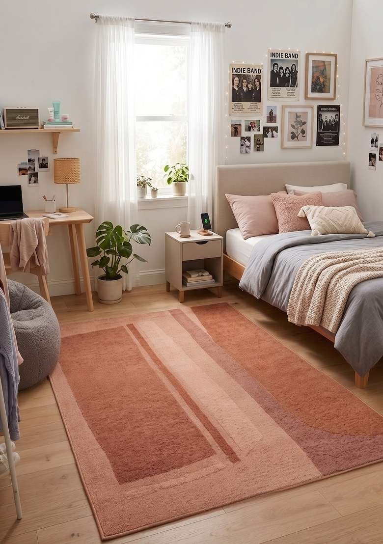 Saffron Rugs Hand-Tufted 100% Wool Area Rug | Terracotta Pink Rectangular Rug | Cotton Backing | Contemporary Geometric Home Decor Carpet for Living Room - Indya