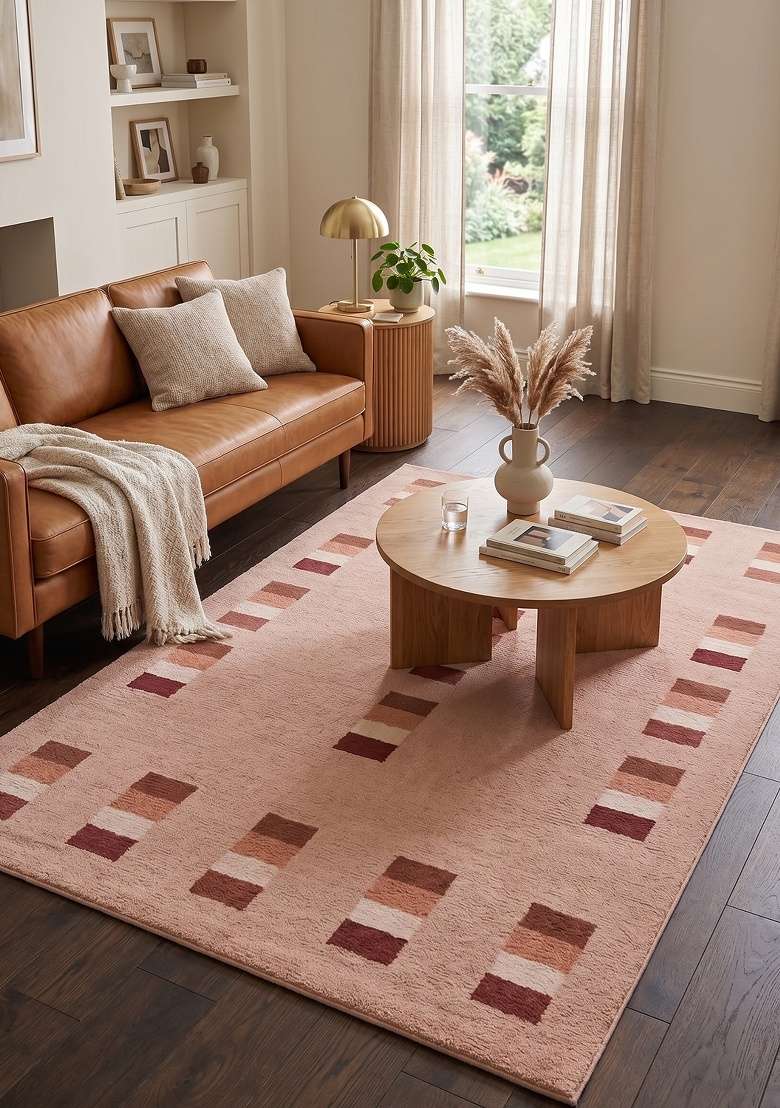 Saffron Rugs Hand-Tufted 100% Wool Area Rug | Blush Pink Rectangular Rug | Cotton Backing | Contemporary Geometric Home Decor Carpet for Bedroom - Indya