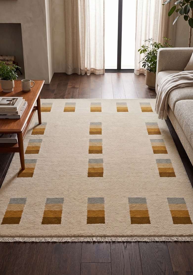 Saffron Rugs Hand-Tufted 100% Wool Area Rug | Cream Ivory Rectangular Rug | Cotton Backing | Contemporary Geometric Home Decor Carpet for Bedroom - Indya