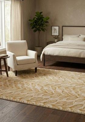 Saffron Rugs Hand Tufted Cream with Gold Leaf Leaf Contemporary Rectangular Wool Area Rug
