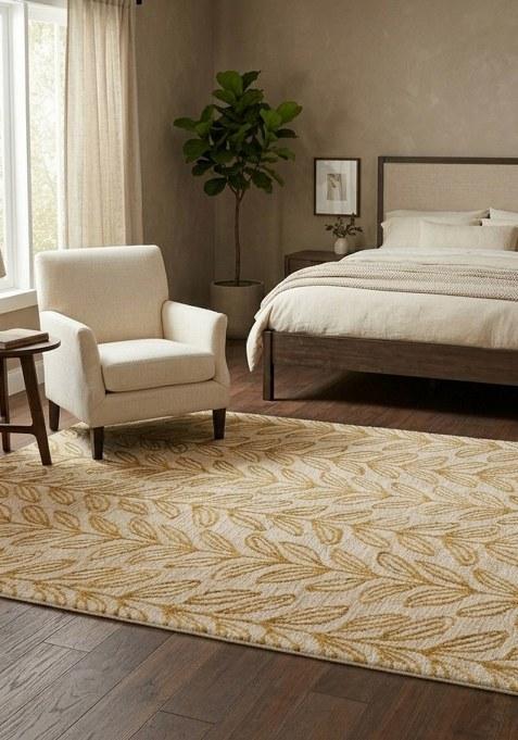 Saffron Rugs Hand Tufted Cream with Gold Leaf Leaf Contemporary Rectangular Wool Area Rug