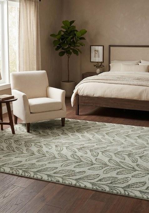 Saffron Rugs Hand Tufted Light Grey Leaf Contemporary Rectangular Wool Area Rug