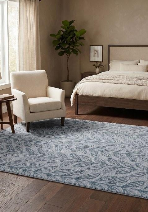 Saffron Rugs Hand Tufted Light Blue Leaf Contemporary Rectangular Wool Area Rug