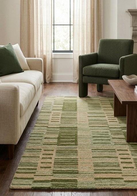 Saffron Rugs Hand Tufted Green Geometric Contemporary Rectangular Wool Area Rug