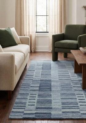 Saffron Rugs Hand Tufted Steel Blue Geometric Contemporary Rectangular Wool Area Rug