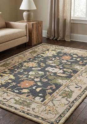Saffron Rugs Hand Tufted Dark Navy Blue Floral Oriental Rectangular Wool Area Rug