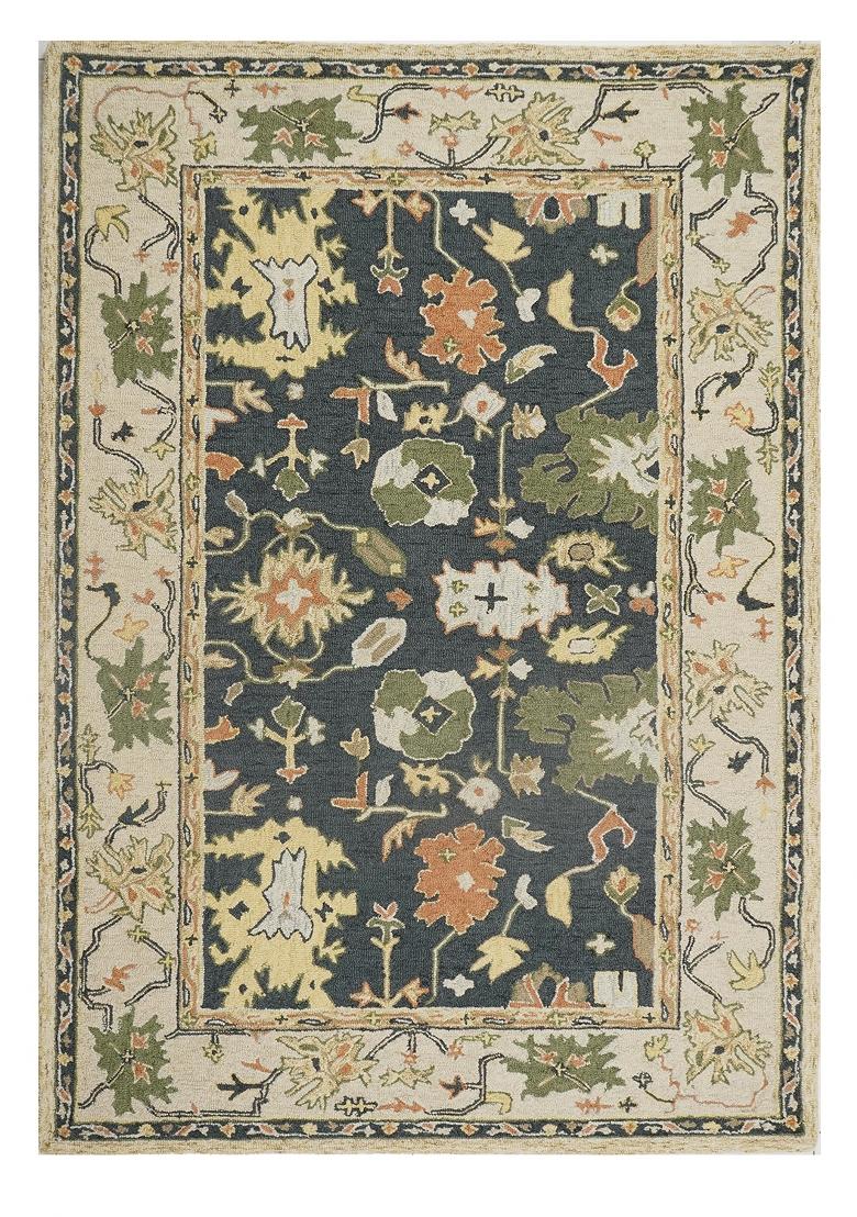 Saffron Rugs Hand Tufted Dark Navy Blue Floral Oriental Rectangular Wool Area Rug - Indya