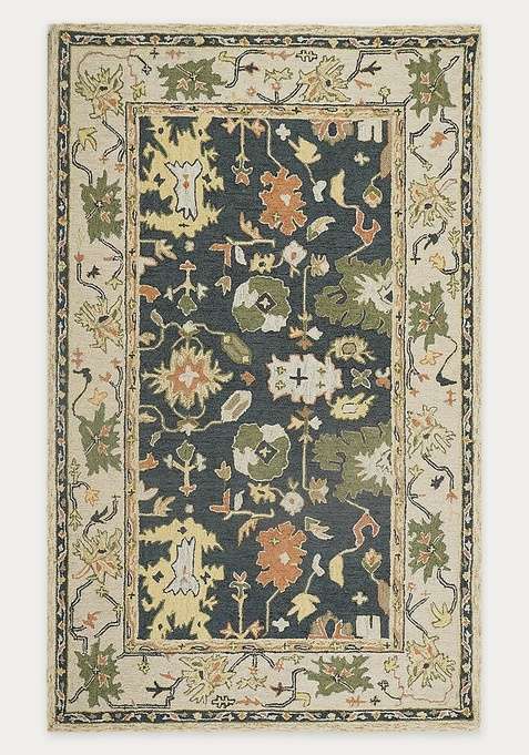 100% Wool Handmade Dark Navy Blue Rug | Oriental Floral Carpet With Cotton Backing For Living Room