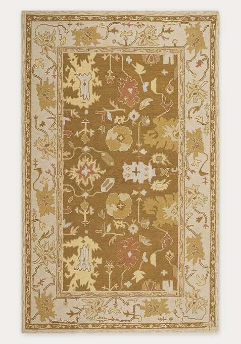 100% Wool Handmade Golden Brown Rug | Oriental Floral Carpet With Cotton Backing For Living Room