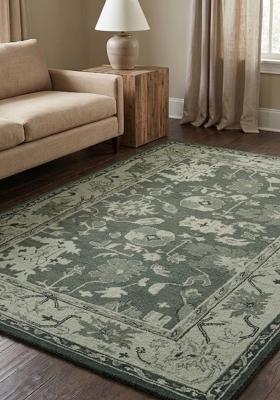 Saffron Rugs Hand Tufted Sage Green Floral Oriental Rectangular Wool Area Rug