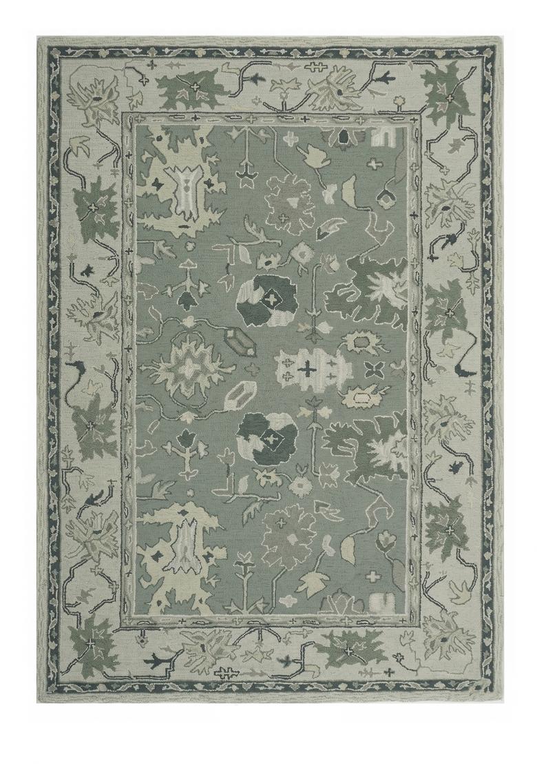 Saffron Rugs Hand Tufted Sage Green Floral Oriental Rectangular Wool Area Rug - Indya