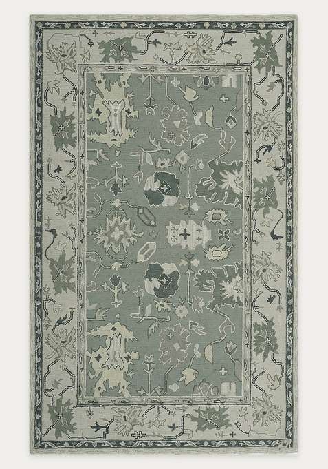 100% Wool Handmade Sage Green Rug | Oriental Floral Carpet With Cotton Backing For Living Room