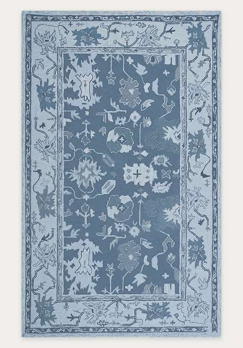 100% Wool Handmade Steel Blue Rug | Oriental Floral Carpet With Cotton Backing For Living Room