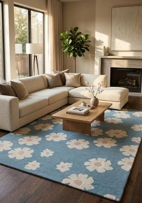 Saffron Rugs Hand Tufted Light Blue Floral Casual Rectangular Wool Area Rug