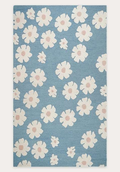 100% Wool Handmade Light Blue Rug | Casual Floral Carpet With Cotton Backing For Living Room
