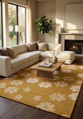 Saffron Rugs Hand Tufted Mustard Yellow Floral Casual Rectangular Wool Area Rug