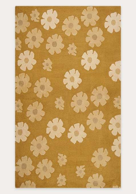 100% Wool Handmade Mustard Yellow Rug | Casual Floral Carpet With Cotton Backing For Living Room