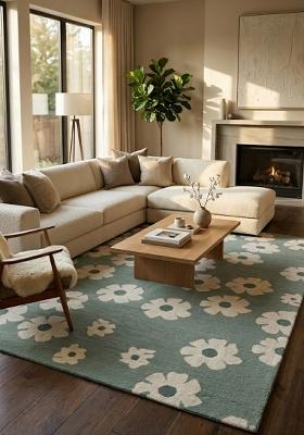 Saffron Rugs Hand Tufted Sage Green Floral Casual Rectangular Wool Area Rug