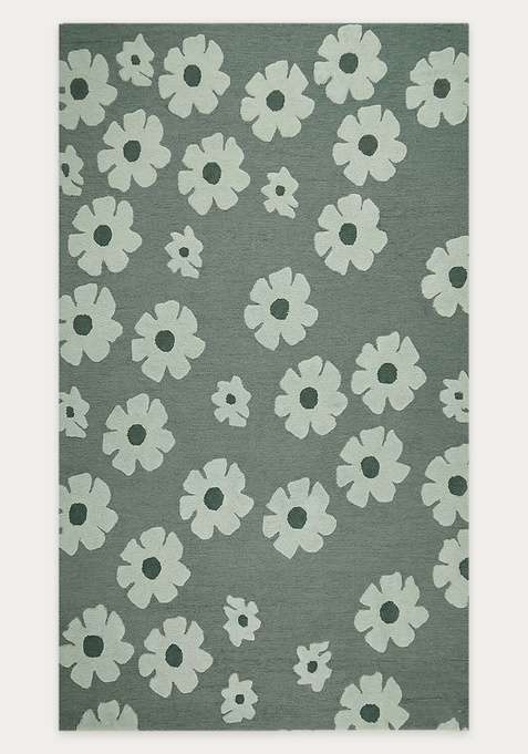 100% Wool Handmade Sage Green Rug | Casual Floral Carpet With Cotton Backing For Living Room