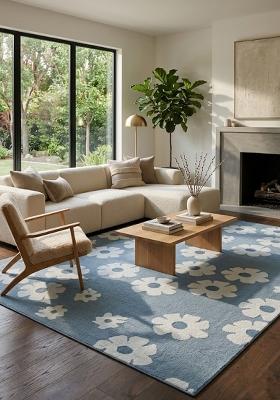 Saffron Rugs Hand Tufted Steel Blue Floral Casual Rectangular Wool Area Rug