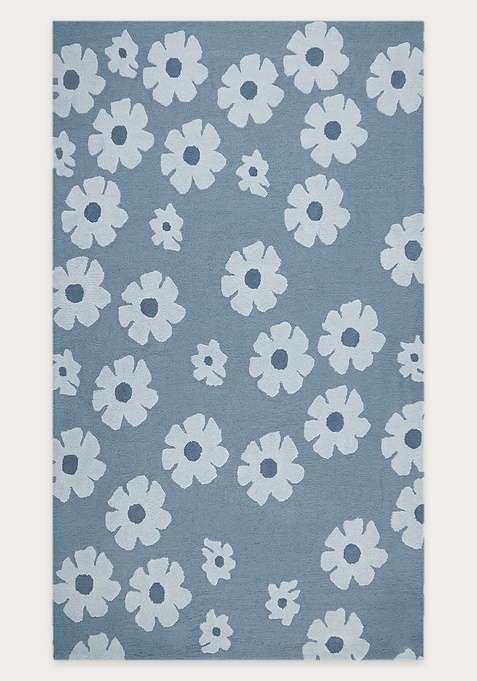 100% Wool Handmade Steel Blue Rug | Casual Floral Carpet With Cotton Backing For Living Room