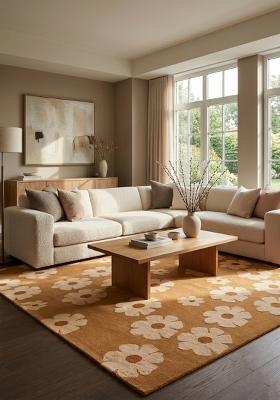 Saffron Rugs Hand Tufted Mustard Yellow Floral Contemporary Rectangular Wool Area Rug