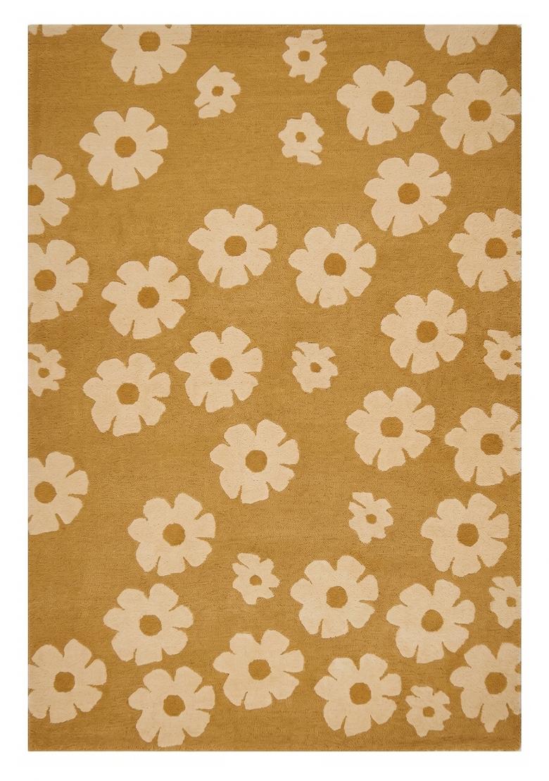 Saffron Rugs Hand Tufted Mustard Yellow Floral Contemporary Rectangular Wool Area Rug - Indya
