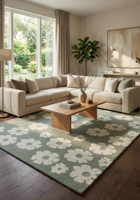 Saffron Rugs Hand Tufted Sage Green Floral Contemporary Rectangular Wool Area Rug