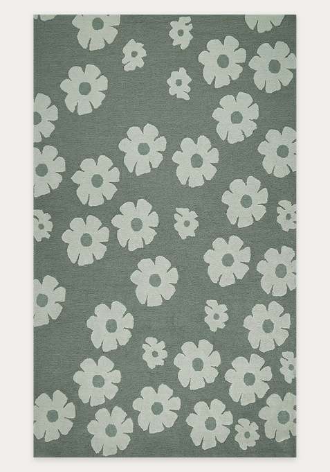 100% Wool Handmade Sage Green Rug | Contemporary Floral Carpet With Cotton Backing For Living Room