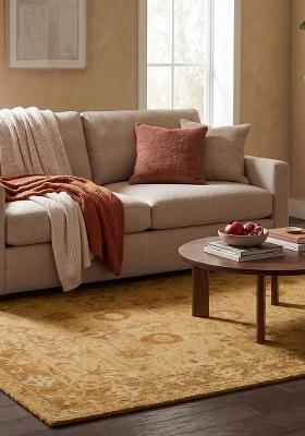 Saffron Rugs Hand Tufted Ivory with Gold/Olive Border Floral Oriental Rectangular Wool Area Rug