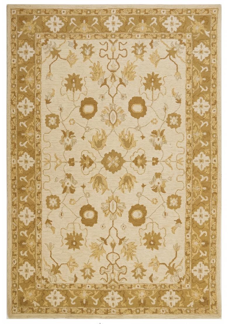 Saffron Rugs Hand Tufted Ivory with Gold/Olive Border Floral Oriental Rectangular Wool Area Rug - Indya