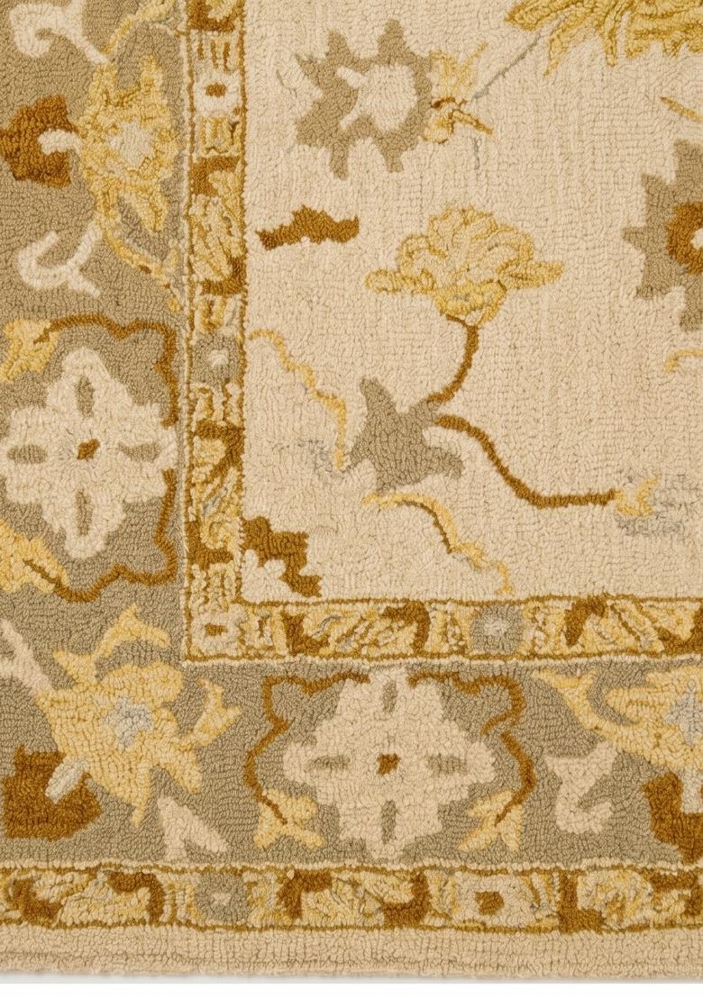Saffron Rugs Hand Tufted Ivory with Gold/Olive Border Floral Oriental Rectangular Wool Area Rug - Indya