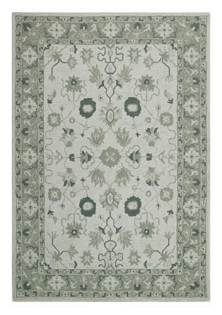 Saffron Rugs Hand Tufted Sage Green Floral Oriental Rectangular Wool Area Rug - Indya