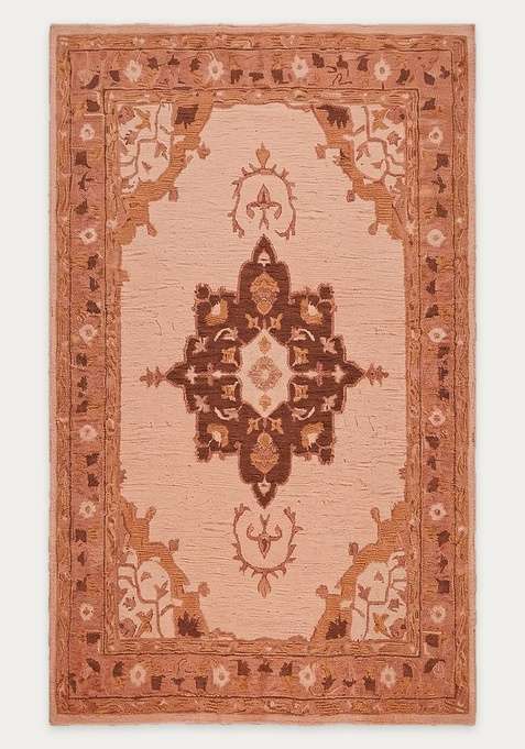 100% Wool Handmade Terracotta Pink Rug | Classic Medallion Carpet With Cotton Backing For Living Room