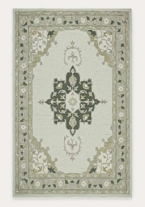 100% Wool Handmade Sage Green Rug | Classic Medallion Carpet With Cotton Backing For Living Room
