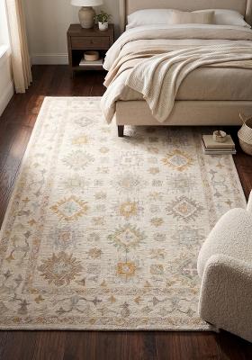 Saffron Rugs Hand Tufted Ivory Cream Geometric Classic Rectangular Wool Area Rug