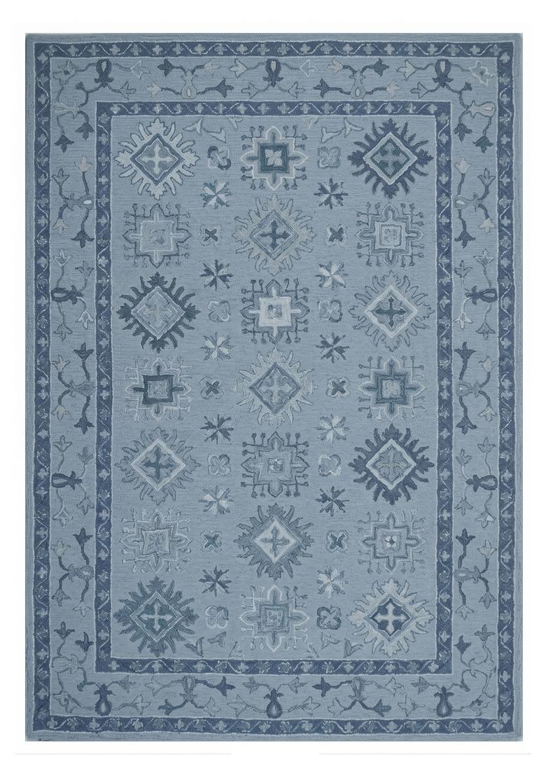 Saffron Rugs Hand Tufted Light Steel Blue Geometric Classic Rectangular Wool Area Rug - Indya